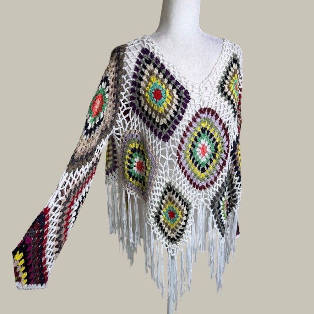 Loose Crochet Knit Granny Square Poncho Top OS Boho Hippie Festival Multi Color